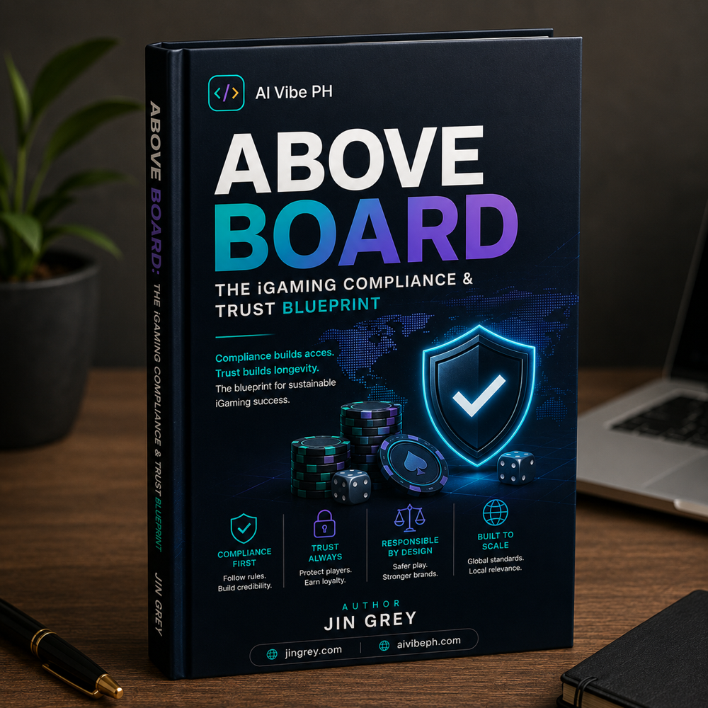 Above Board: The iGaming Compliance and Trust Blueprint eBook cover by Jin Grey — AI Vibe PH