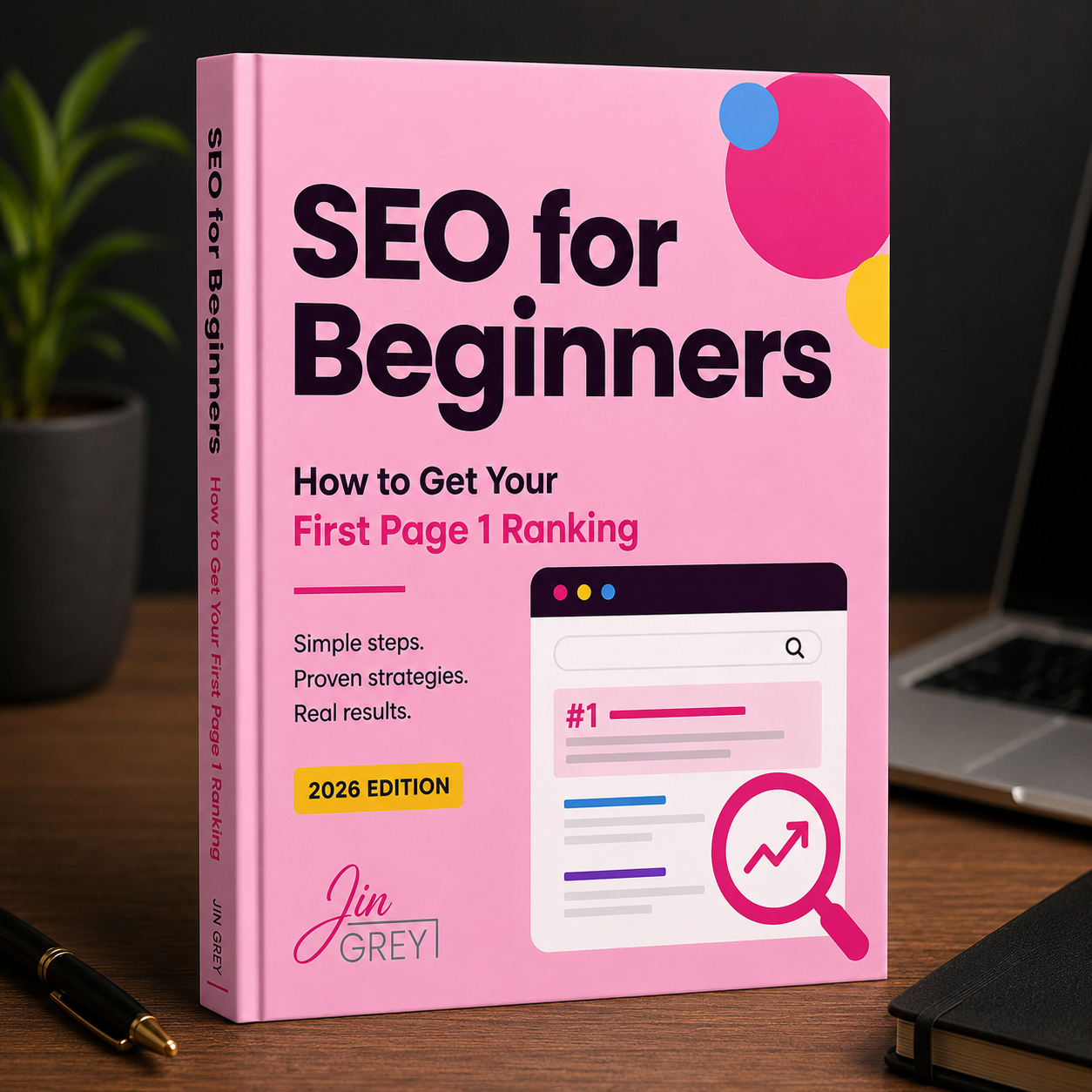 SEO for Beginners: How to Get Your First Page 1 Ranking eBook cover by Jin Grey — AI Vibe PH