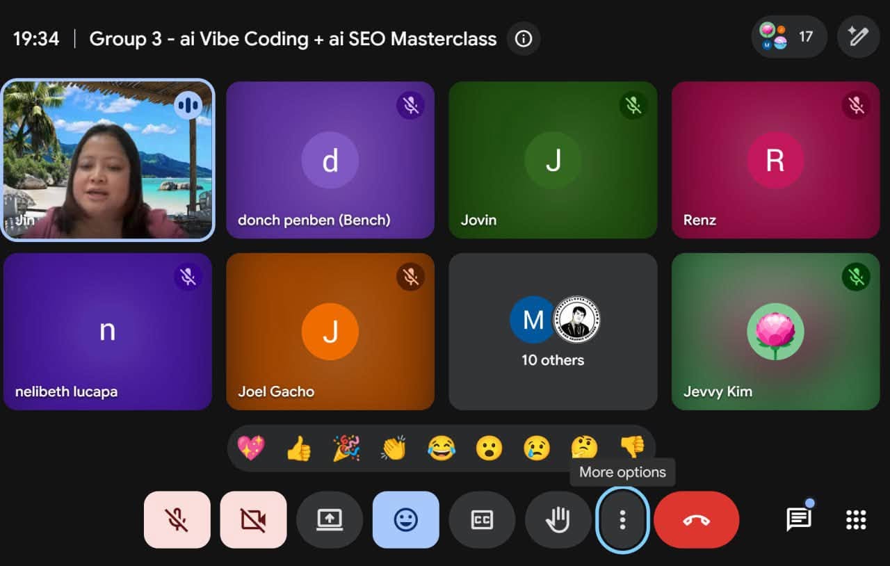 Live AI Vibe Coding and AI SEO Masterclass on Google Meet with 17 Filipino students in the participant grid