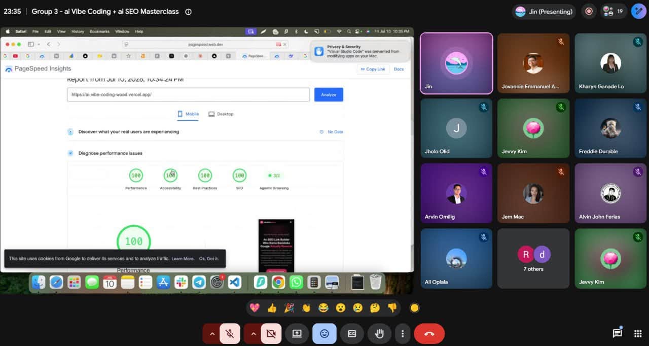 A student site scoring 100 for Performance, Accessibility, Best Practices and SEO in PageSpeed Insights during the live masterclass