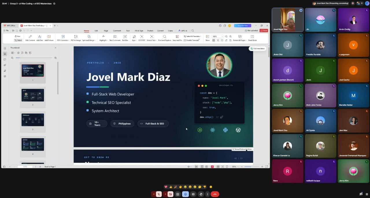 Instructor Jovel Mark Diaz presenting a full-stack developer portfolio during the live AI Vibe Coding masterclass on Google Meet