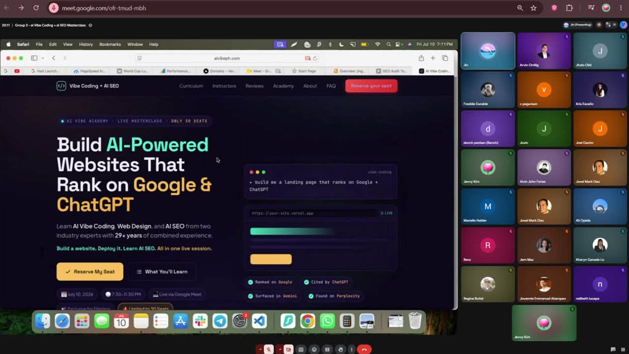The aivibeph.com landing page reviewed live on Google Meet with a full grid of masterclass attendees